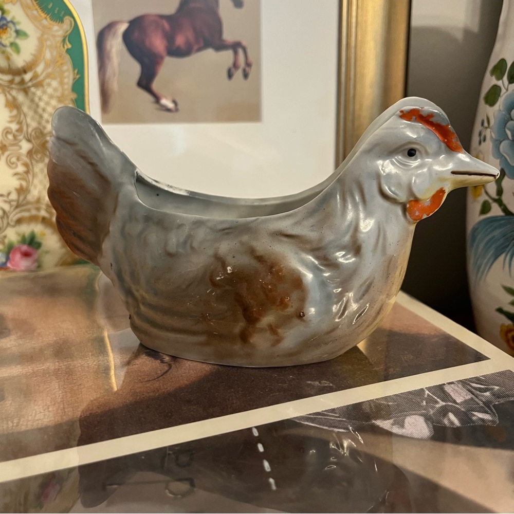 Vintage small lusterware ceramic chicken figurine Planter dish sponge holder